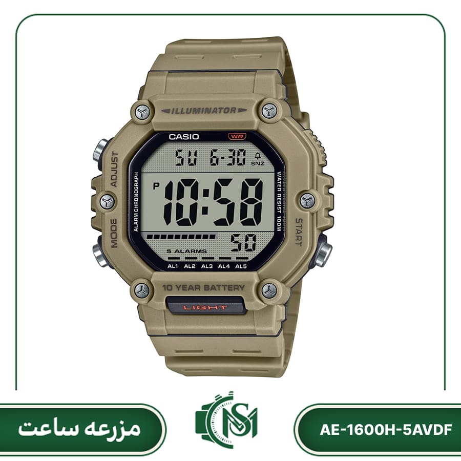 Casio digital watch model AE-1600H-5AVDF ساعت مچی دیجیتال مردانه کاسیو مدل AE-1600H-5AVDF